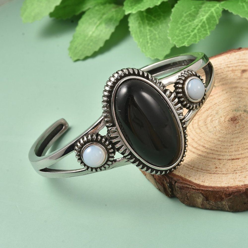 Black Agate and Opalite Cuff Bracelet in Stainless Steel (7.25 In) 22.00 ctw
